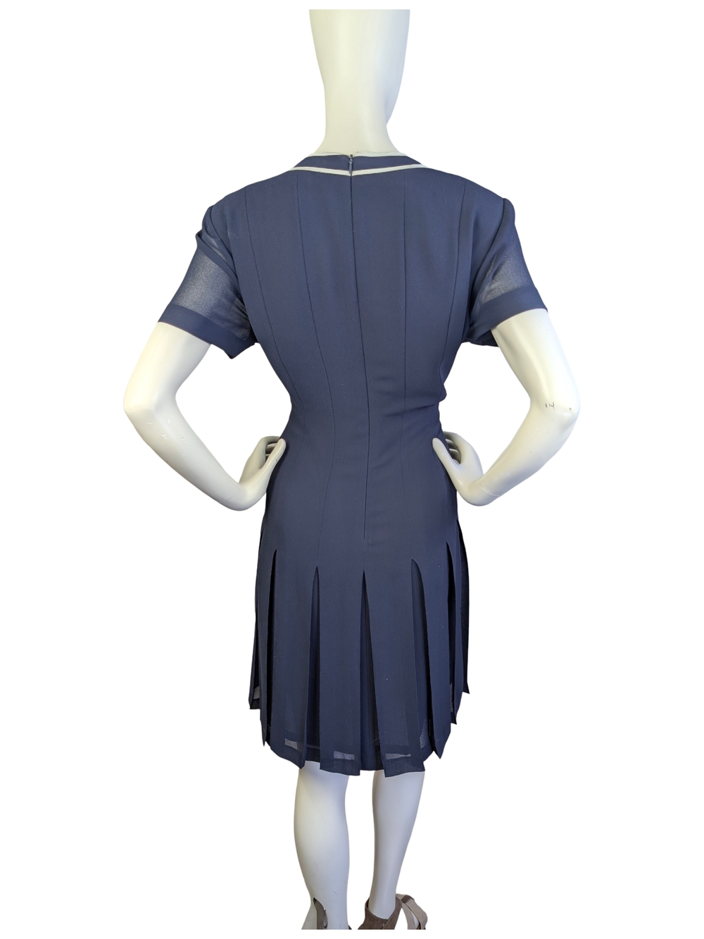 Vintage 90s Navy Pleated Dress Sheer Sleeves | Preppy Grunge Academia | Size 12 - Picture 6 of 10